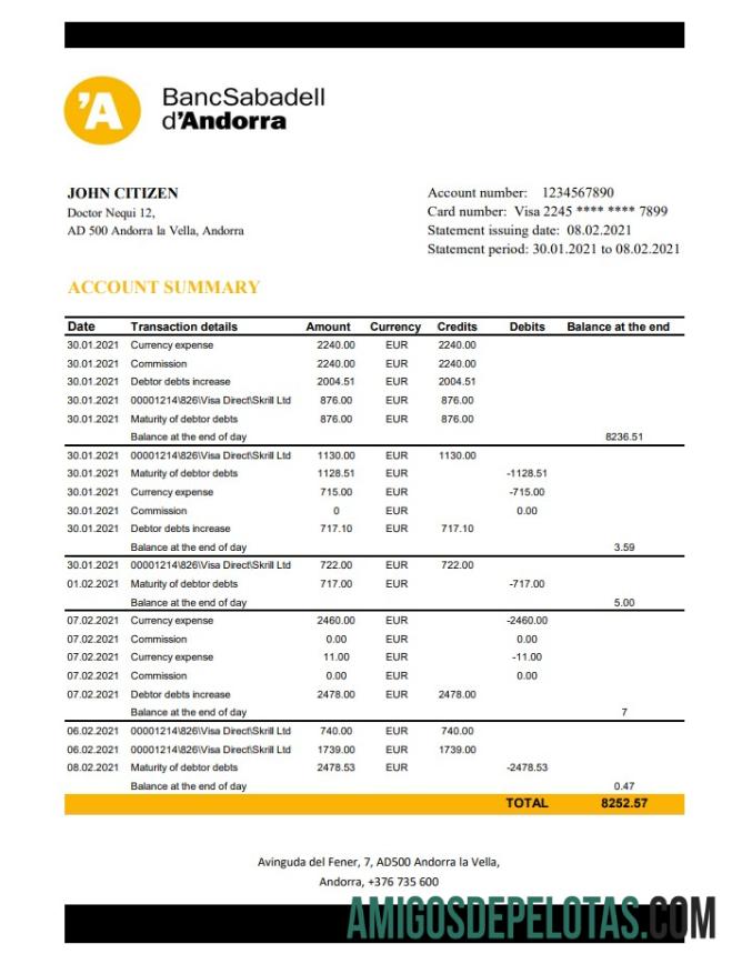 Modelo de extrato bancário Andorra BancSabadell D'Andorra para download em formato Excel e PDF